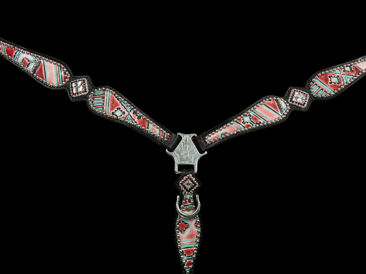 Red and mint navajo on dark leather