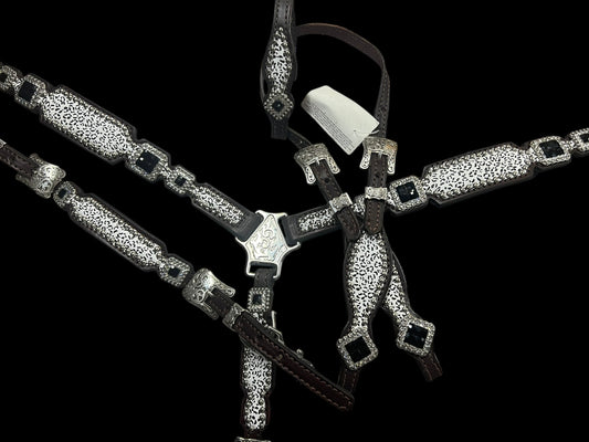 Snow leopard on dark leather