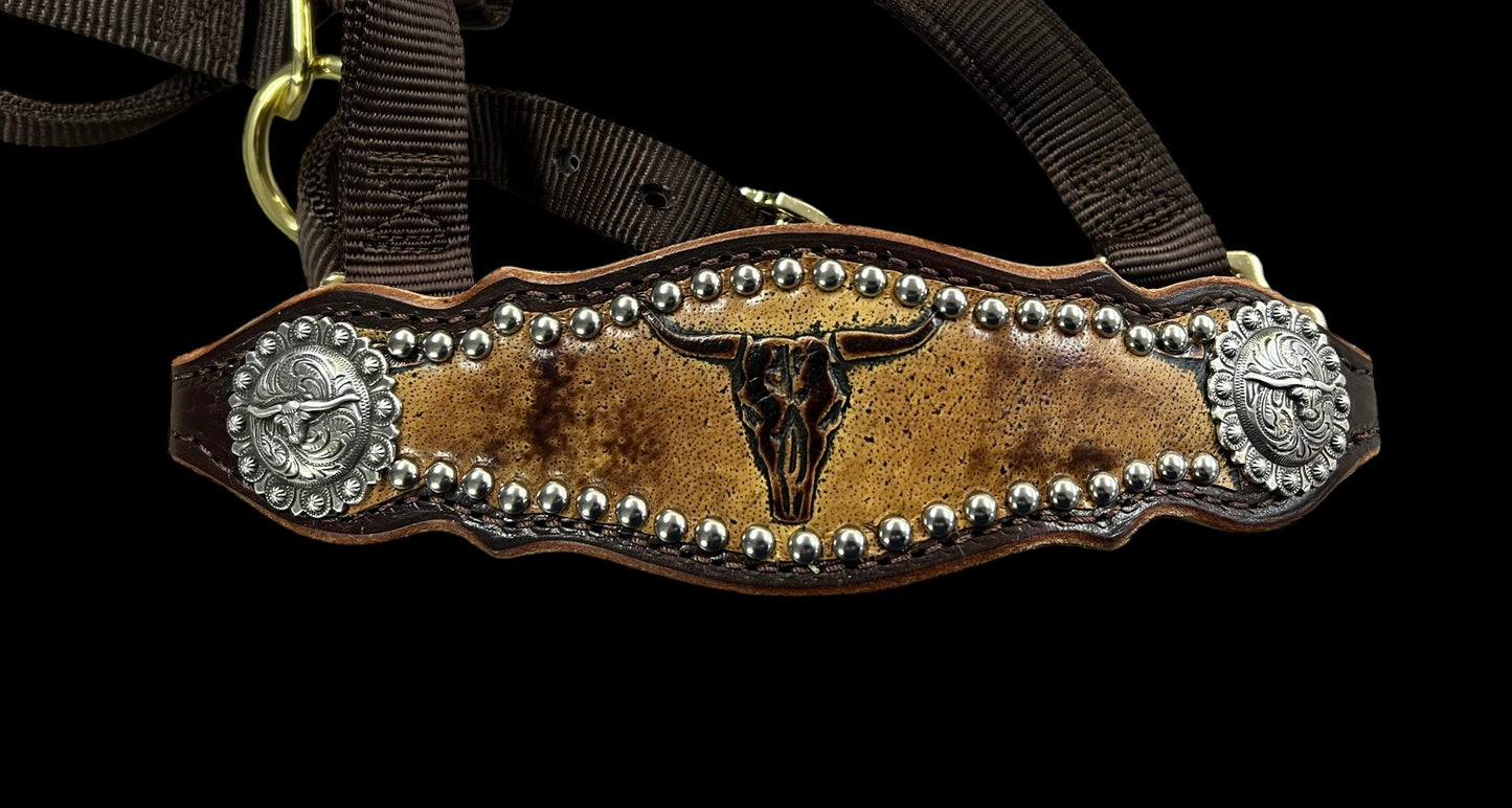 Sepia Longhorns on dark harness leather