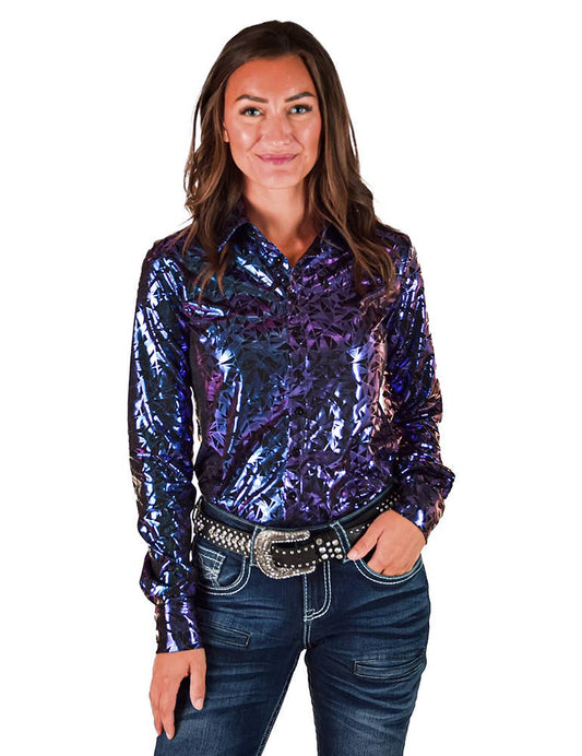 Purple & Teal Iridescent Metallic Stretch Lightweight  Pullover Button Up