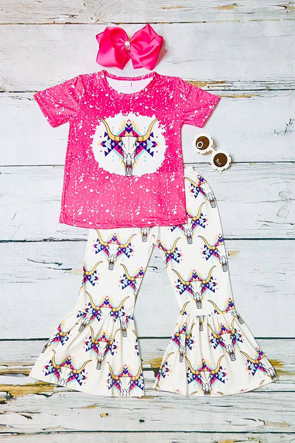 Bull print pink top & bell-bottom pant girls set