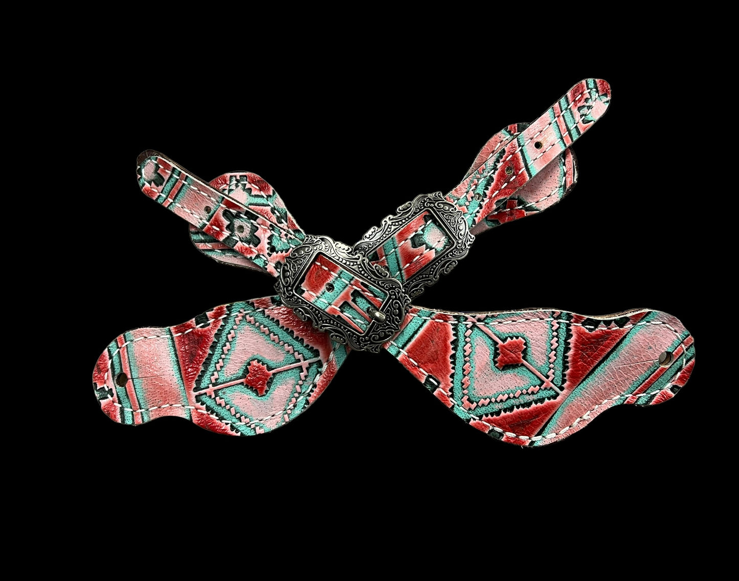 Red and mint navajo on dark leather