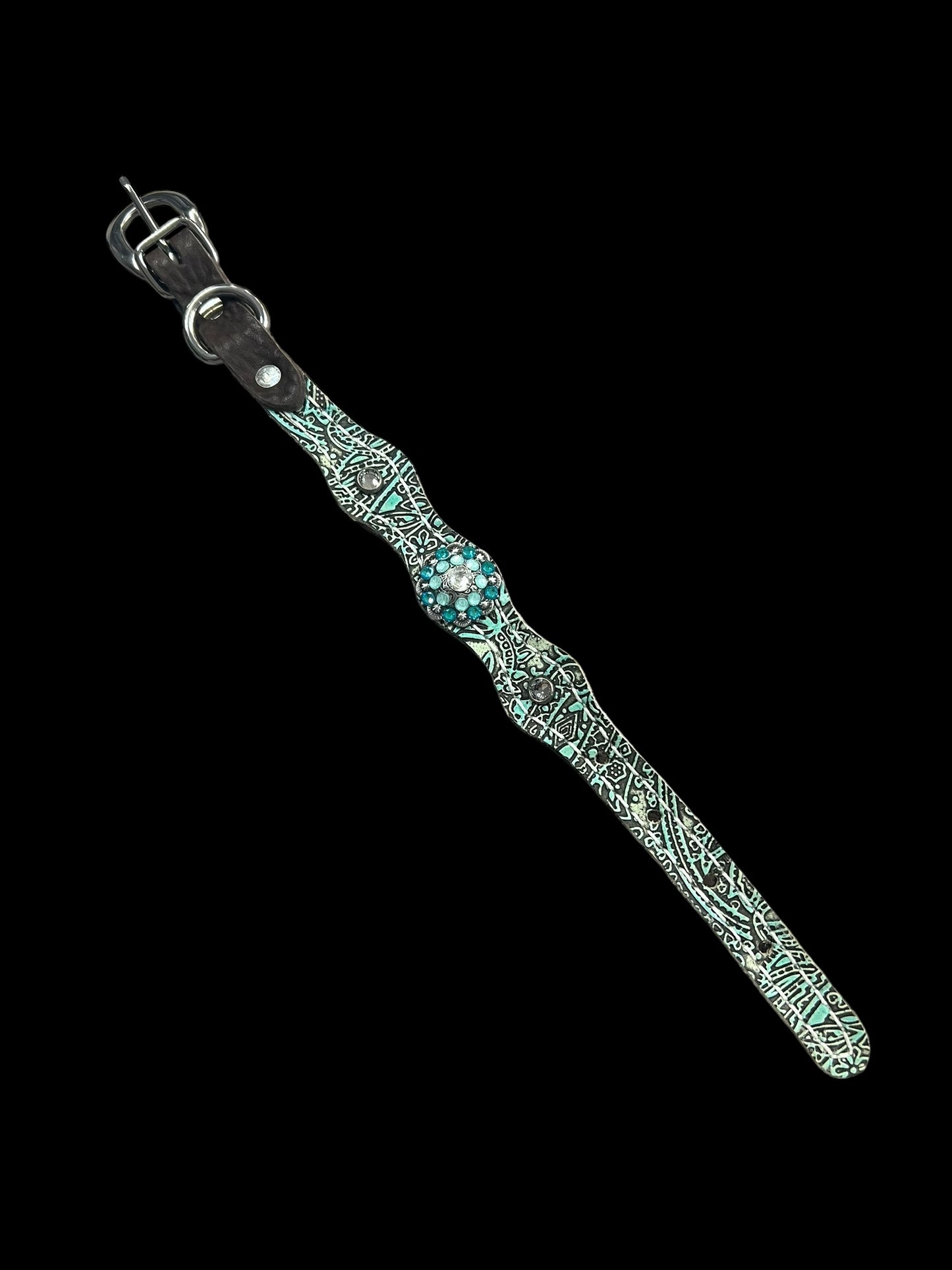 Turquoise and mint paisley on dark leather