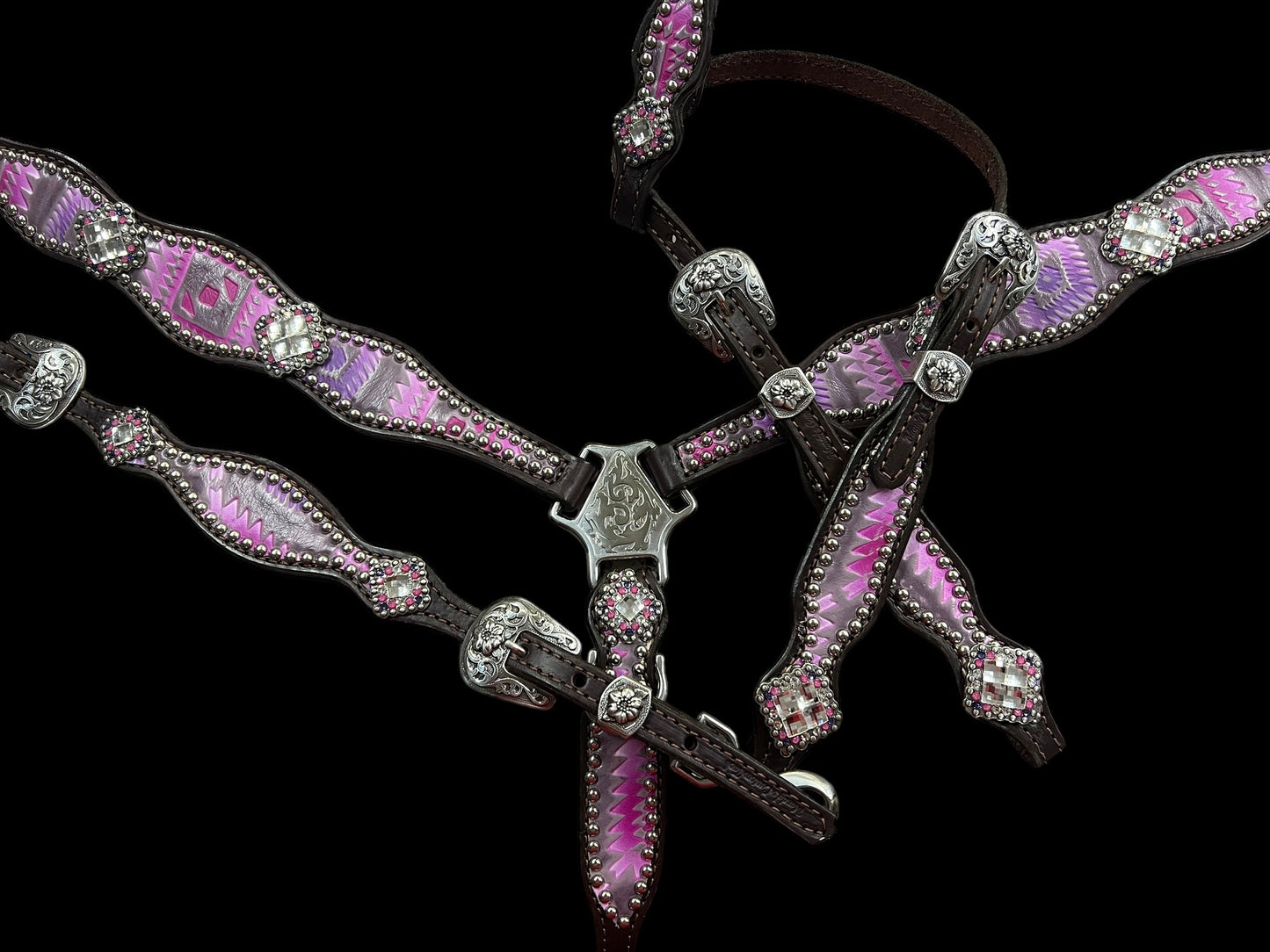 Light pink and purple Aztec on chocolate leather