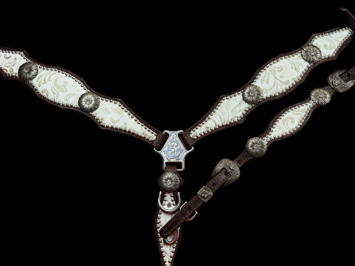 White and silver floral on dark leather