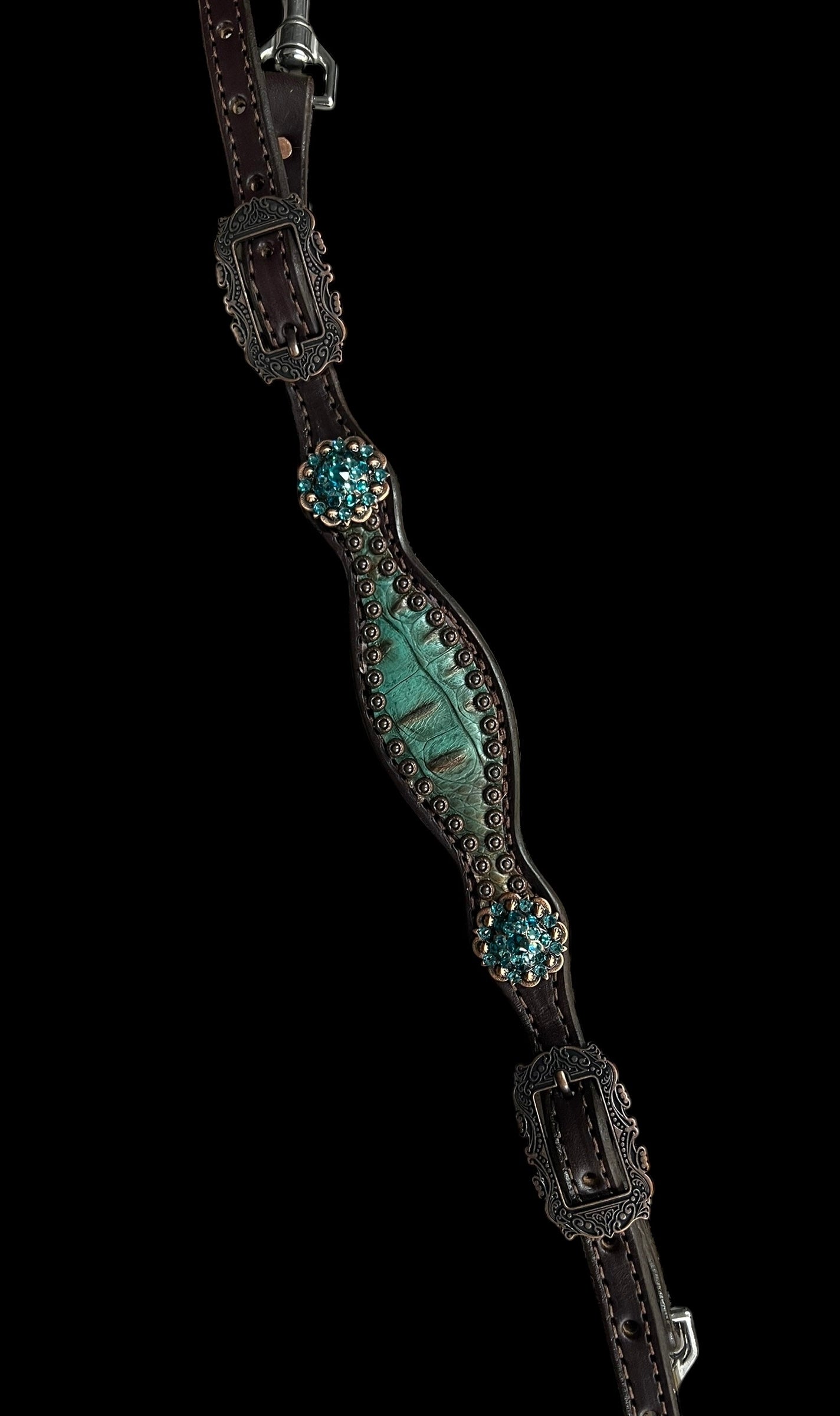 Brown and teal gator on dark leather