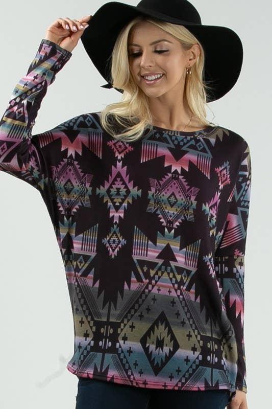 NIKKI GEO MULTI COLORED PRINT DOLMAN SLEEVE TOP: