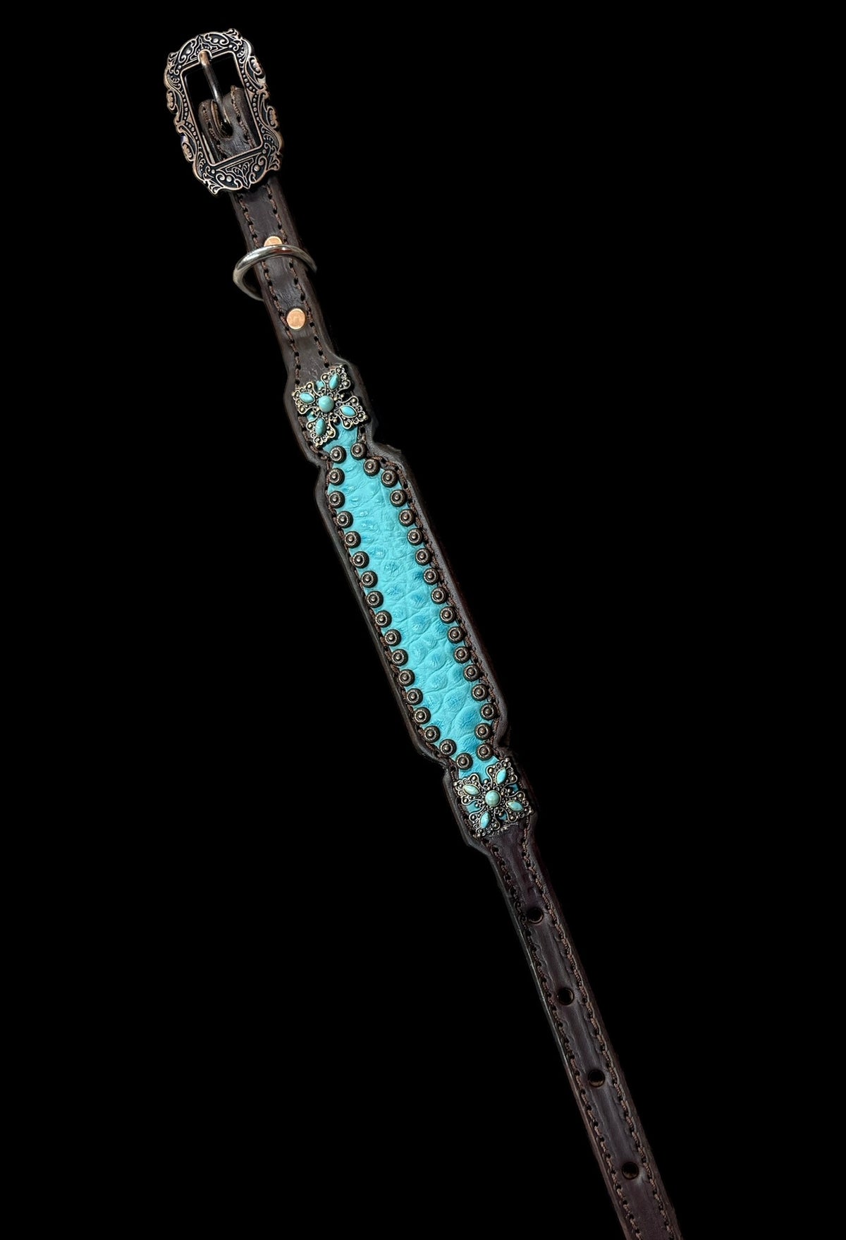 Turquoise gator on dark leather