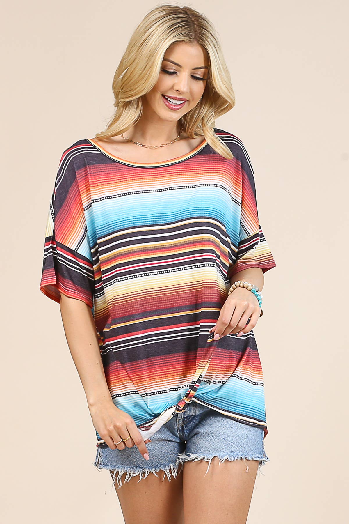PHOEBE SERAPE PRINT FRONT TIE SHORT SLEEVE TUNIC
