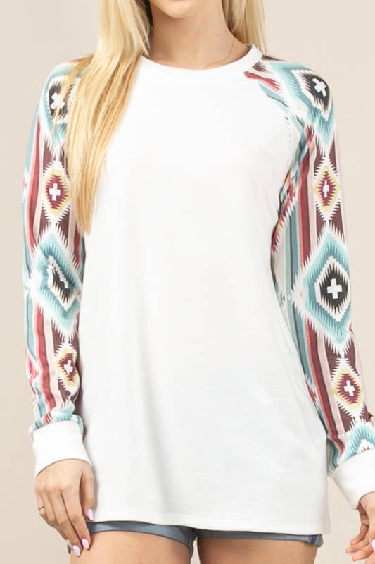 MARA AZTEC PRINT COLOR BLOCK RAGLAN TOP