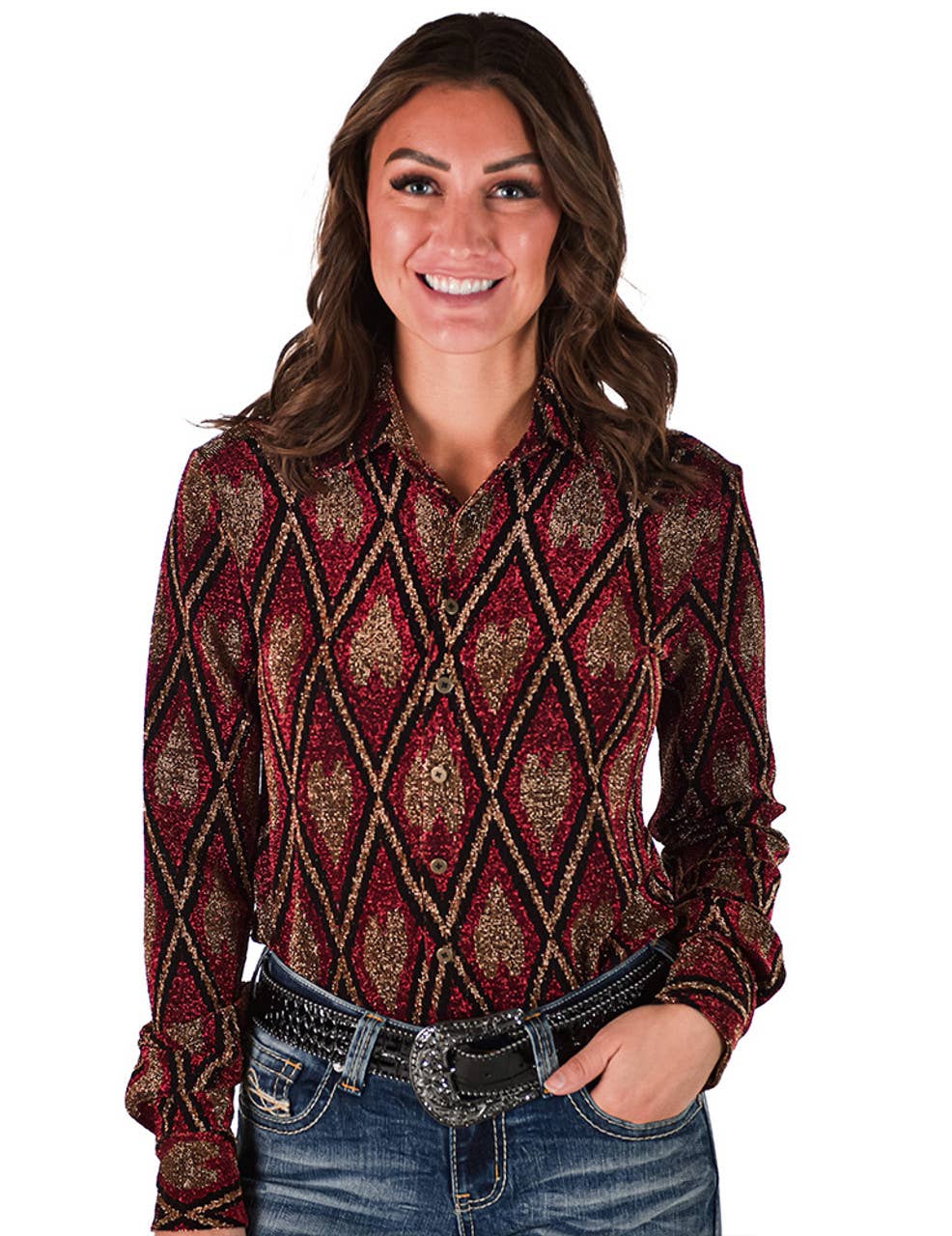 Pullover Button Up with Red Shimmery Diamonds and Hearts
