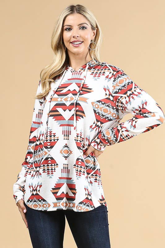 LAUREN AZTEC PRINT ULTRA SOFT HACCI HOODIE: MUSTARD