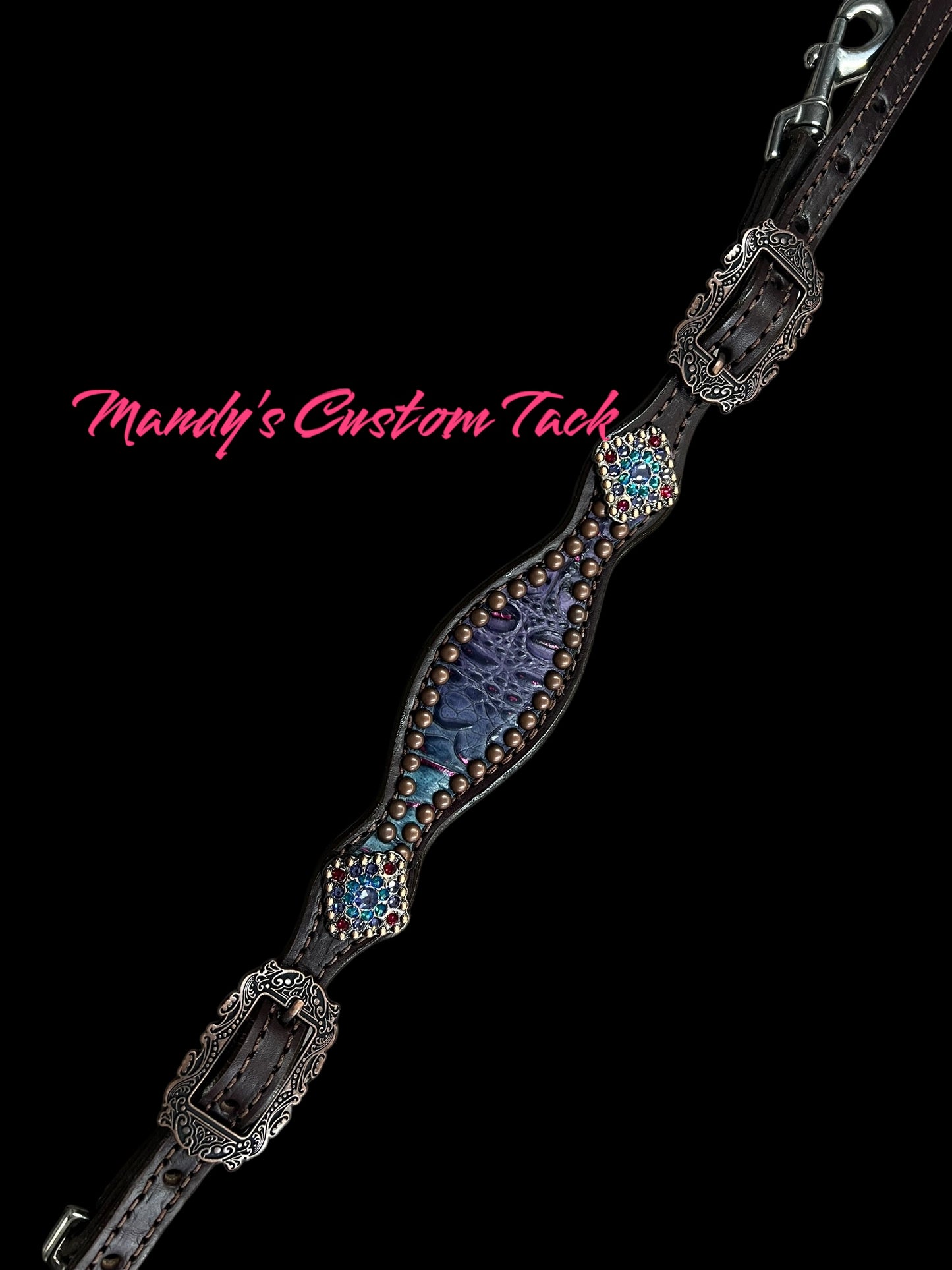 Purple and teal with pink gator and floral on dark leather