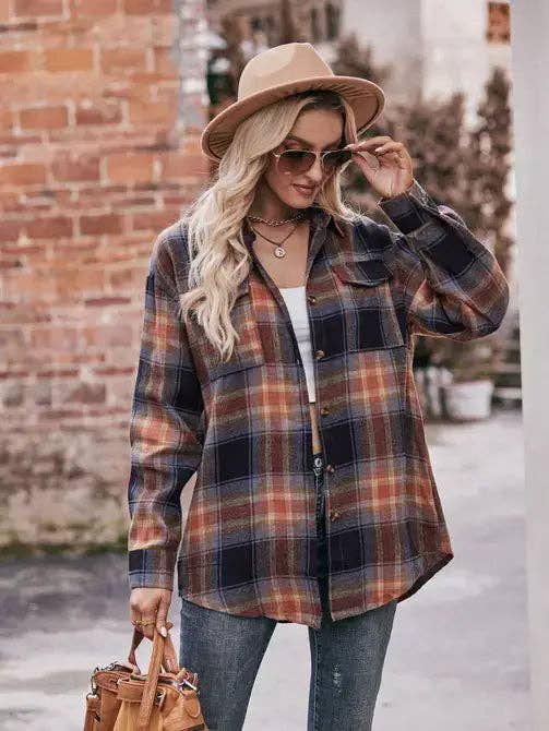 Women’s Khaki Plaid Oversized Flannel Button Down Shirt