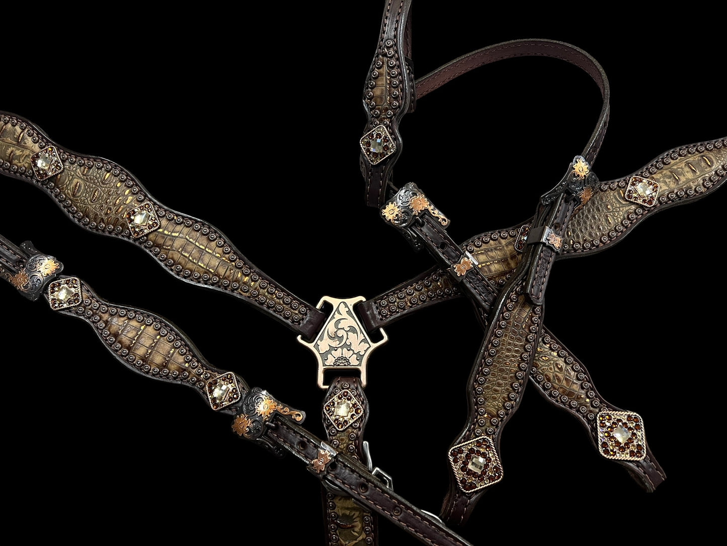 Copper gator on dark leather