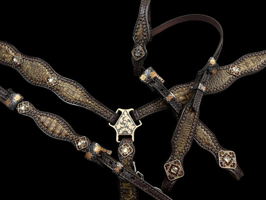 Copper gator on dark leather