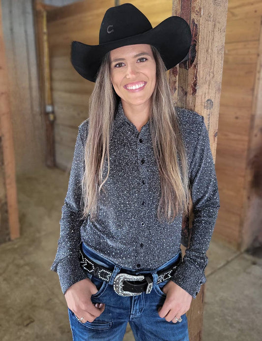 Pullover Button Up with Silver Crystals Lightweight Stretch