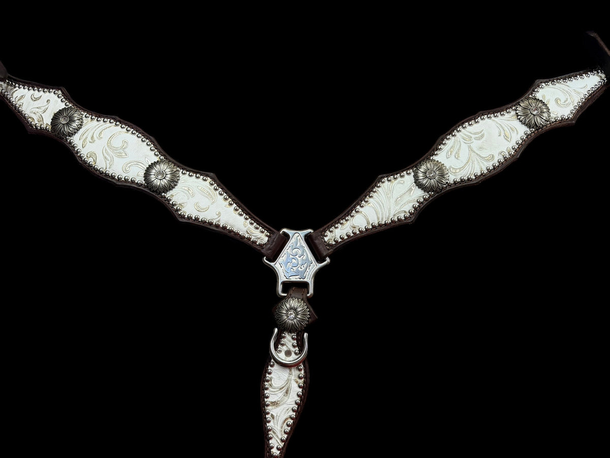 White and silver floral on dark leather
