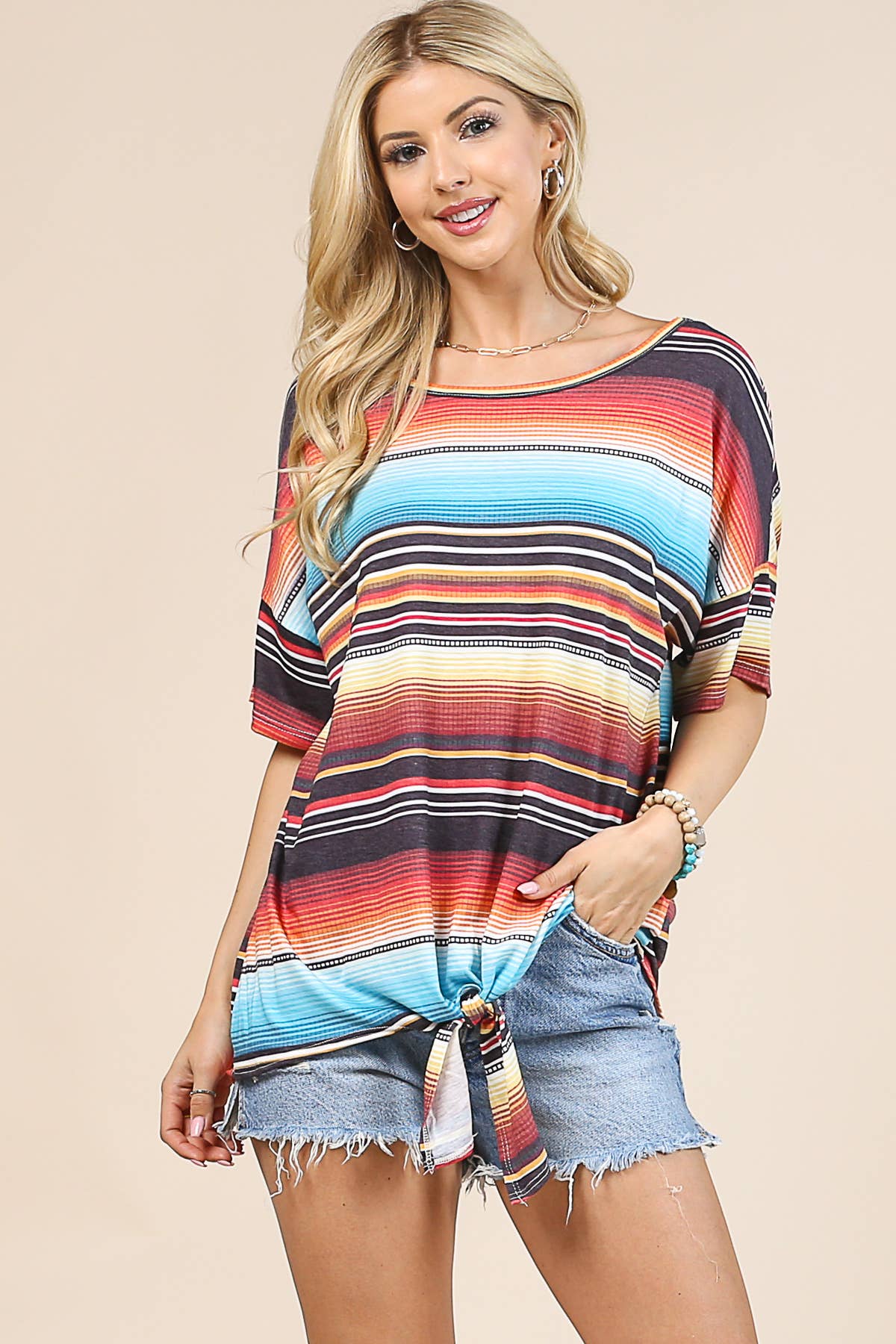PHOEBE SERAPE PRINT FRONT TIE SHORT SLEEVE TUNIC