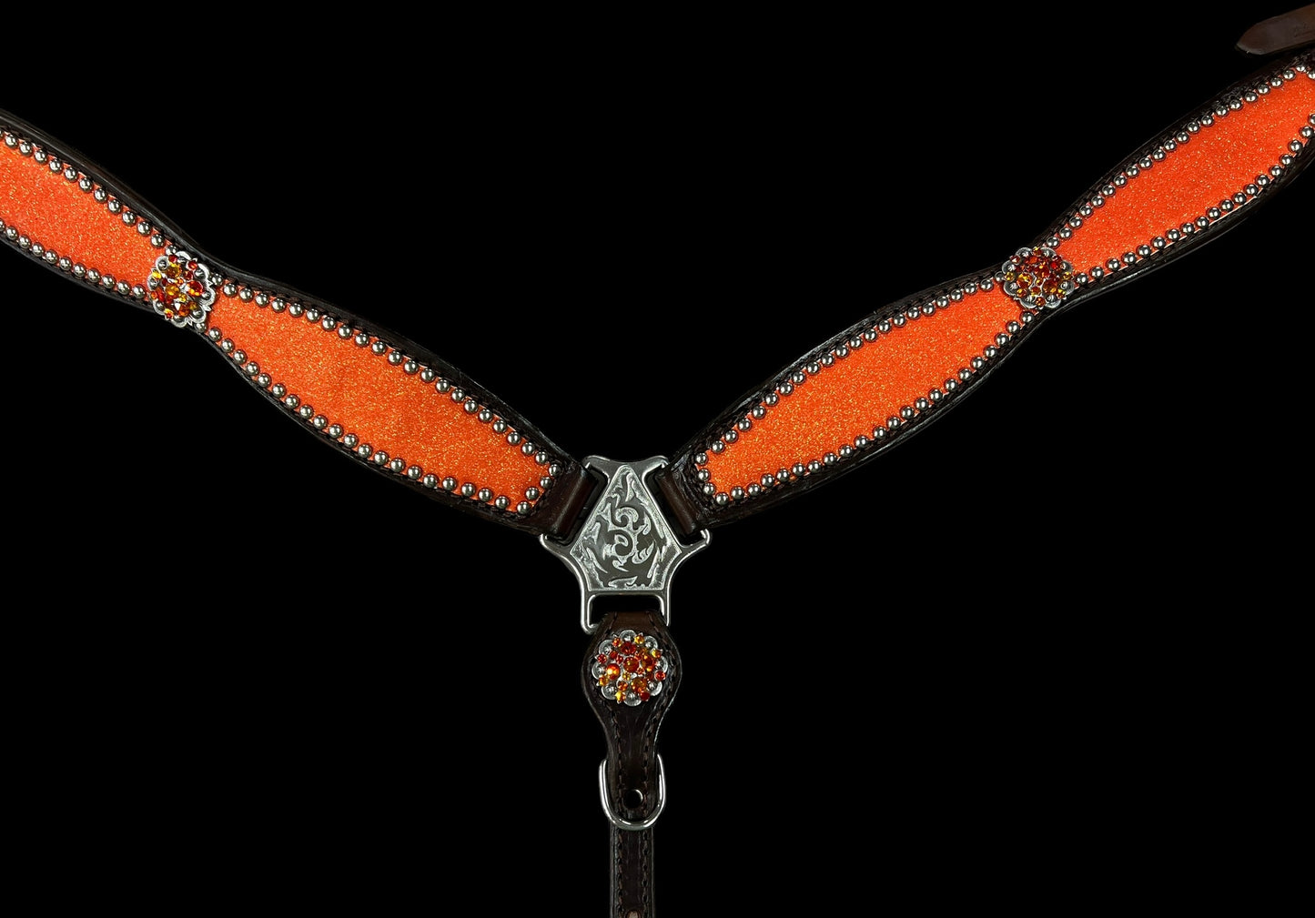 Large pony orange glitter on dark harness leather