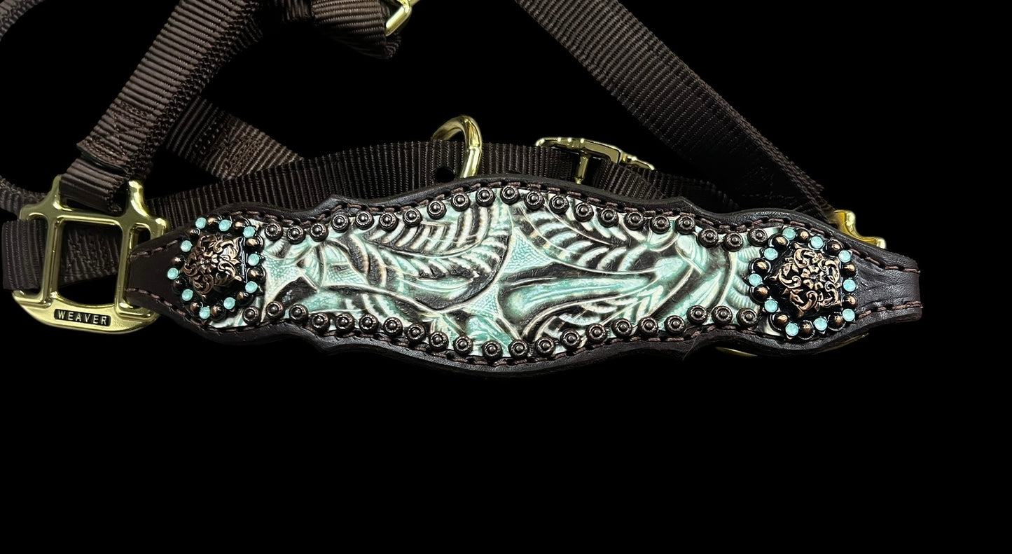 Brown and mint floral on dark leather