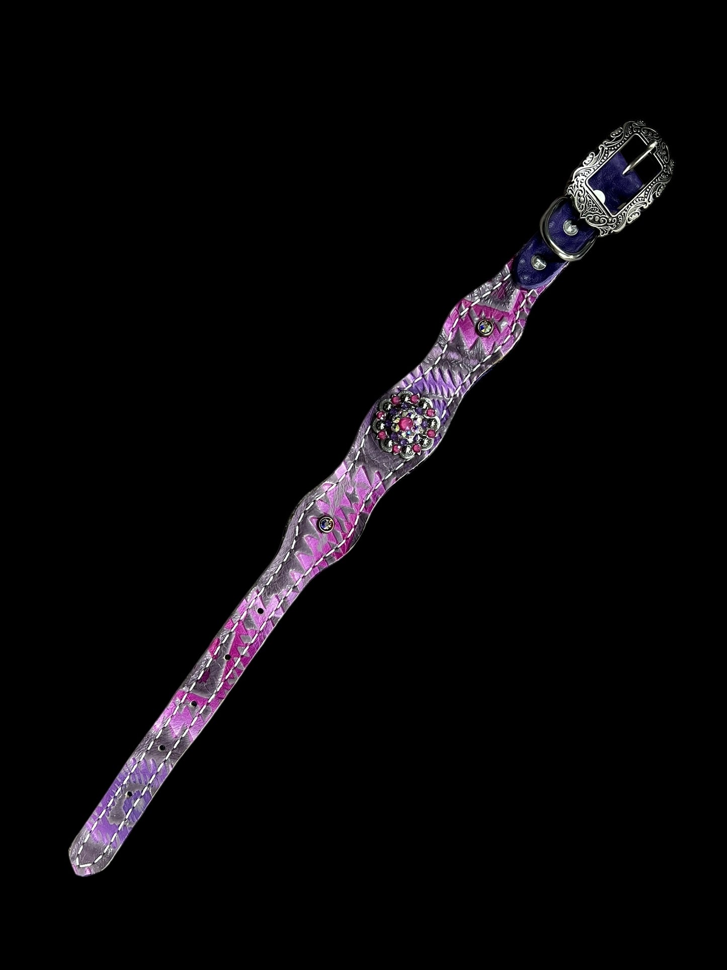 Light pink and purple Aztec on chocolate leather