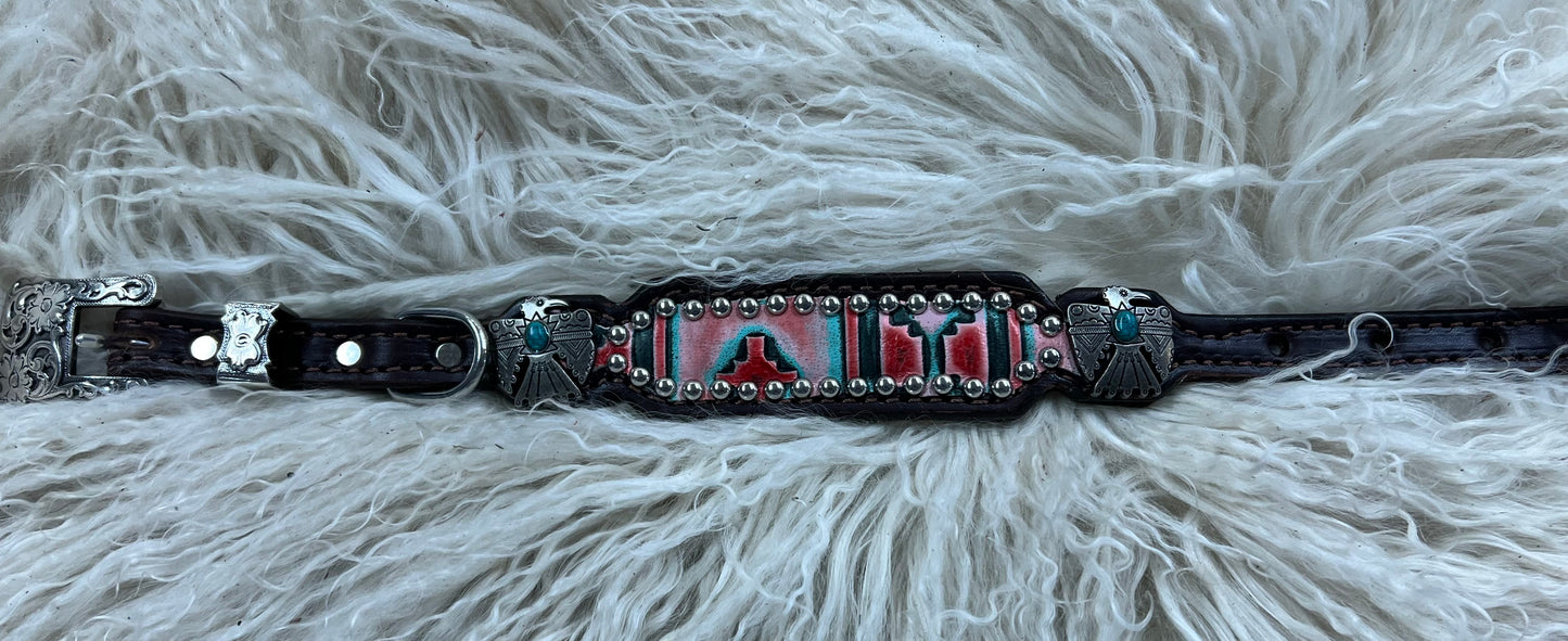 Red and mint navajo on dark leather