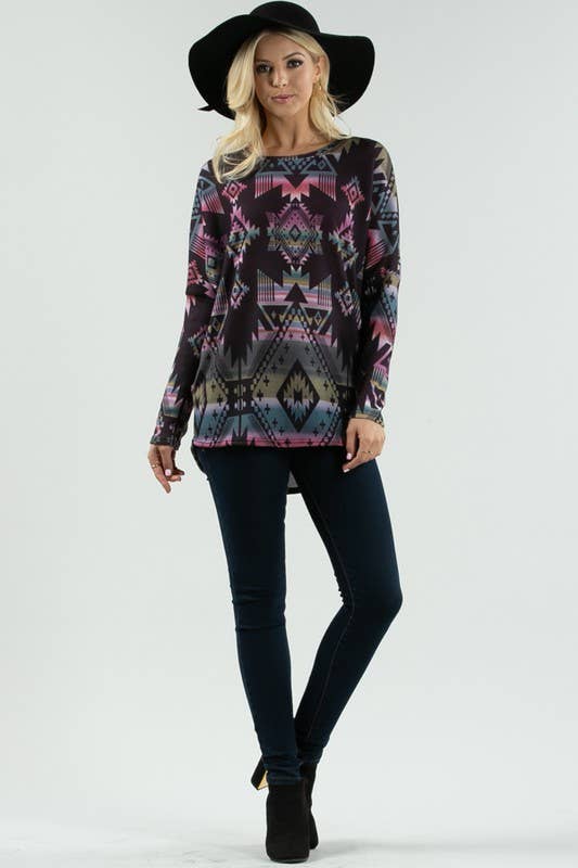 NIKKI GEO MULTI COLORED PRINT DOLMAN SLEEVE TOP: