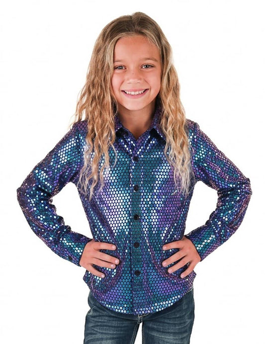 Girl's Purple & Teal Foil Metallic Pullover Button Up