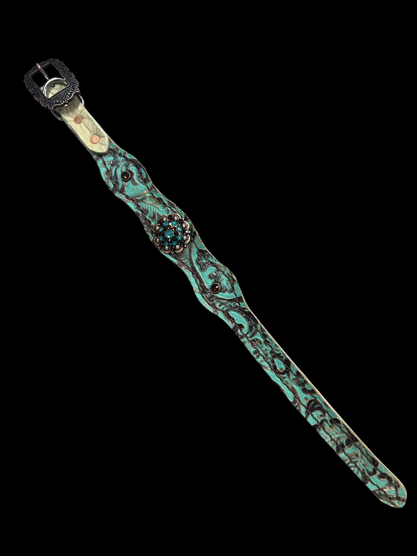 mint and brown floral on dark leather