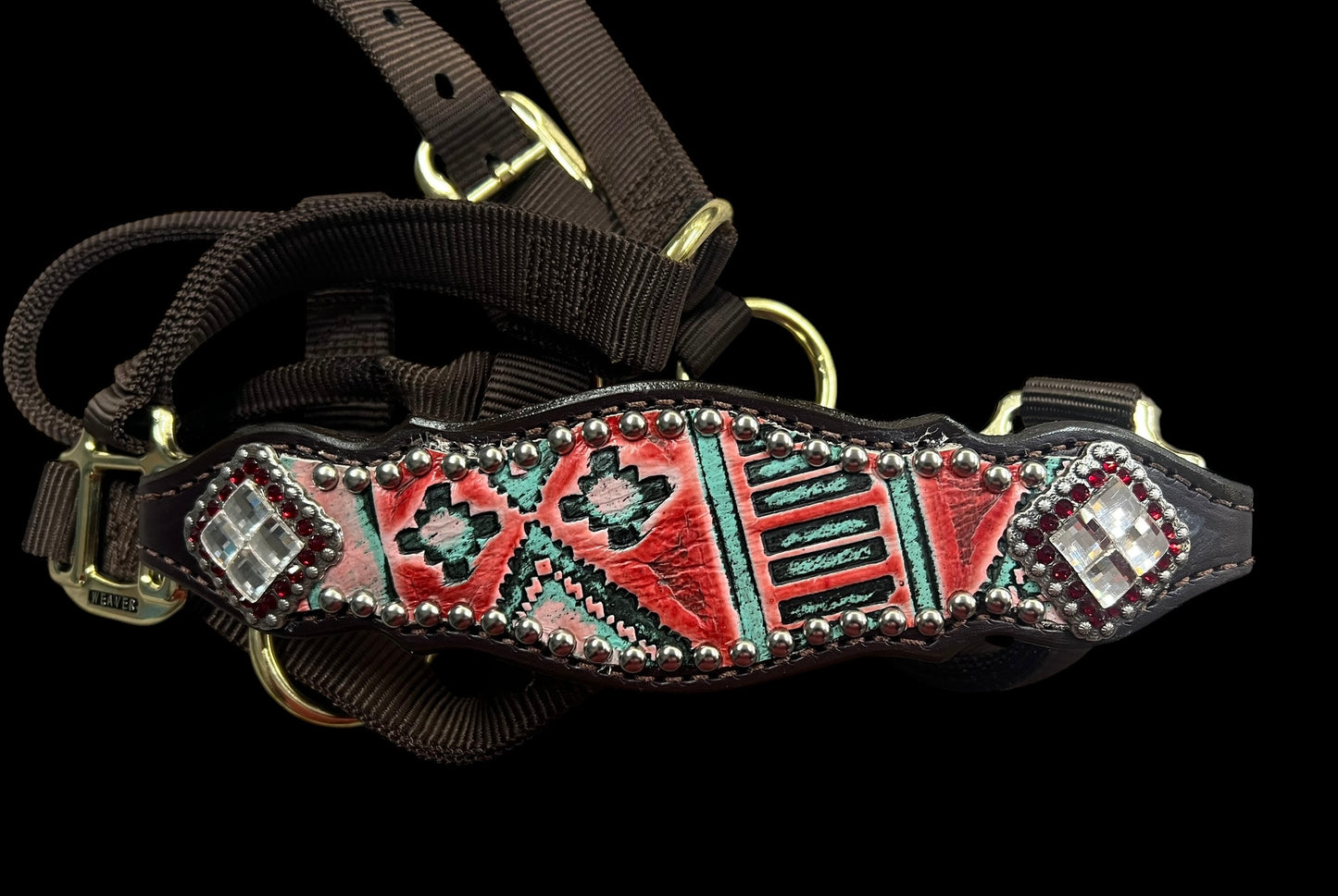 Red and mint navajo on dark leather