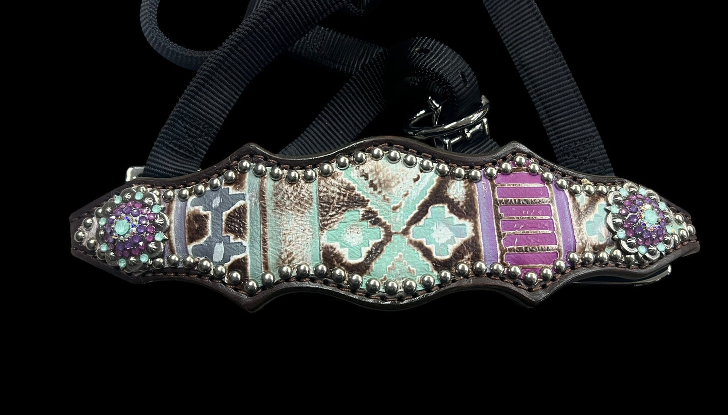 Mint and purple Navajo on dark leather