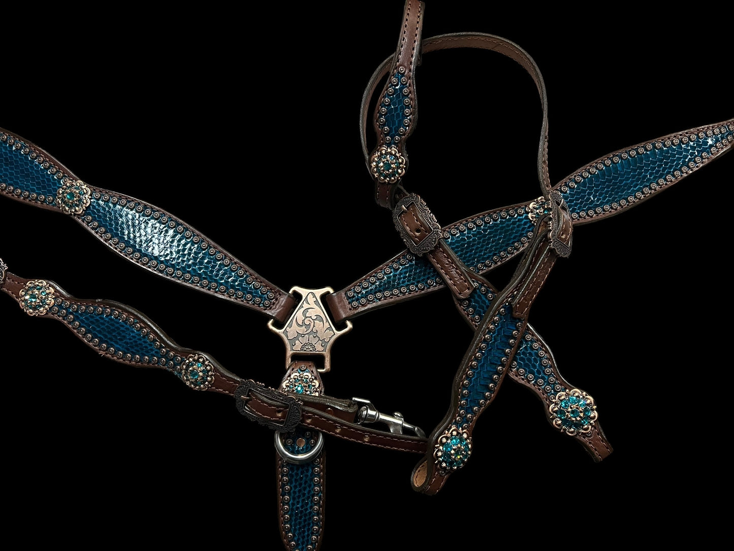 Teal snake on walnut leather