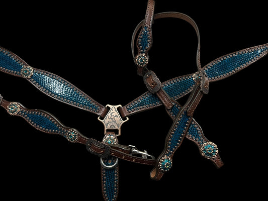 Teal snake on walnut leather