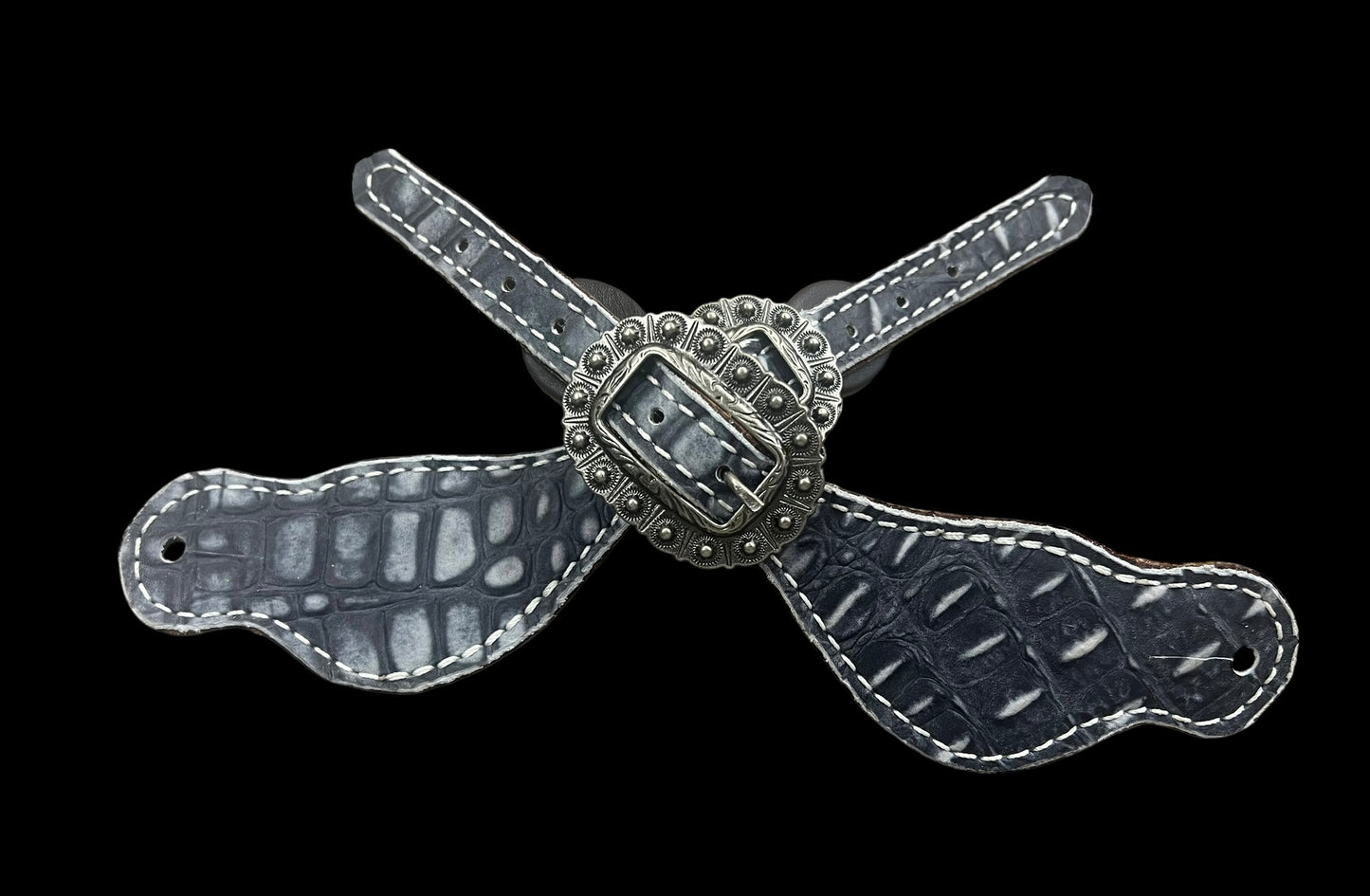 Denim blue gator on dark leather