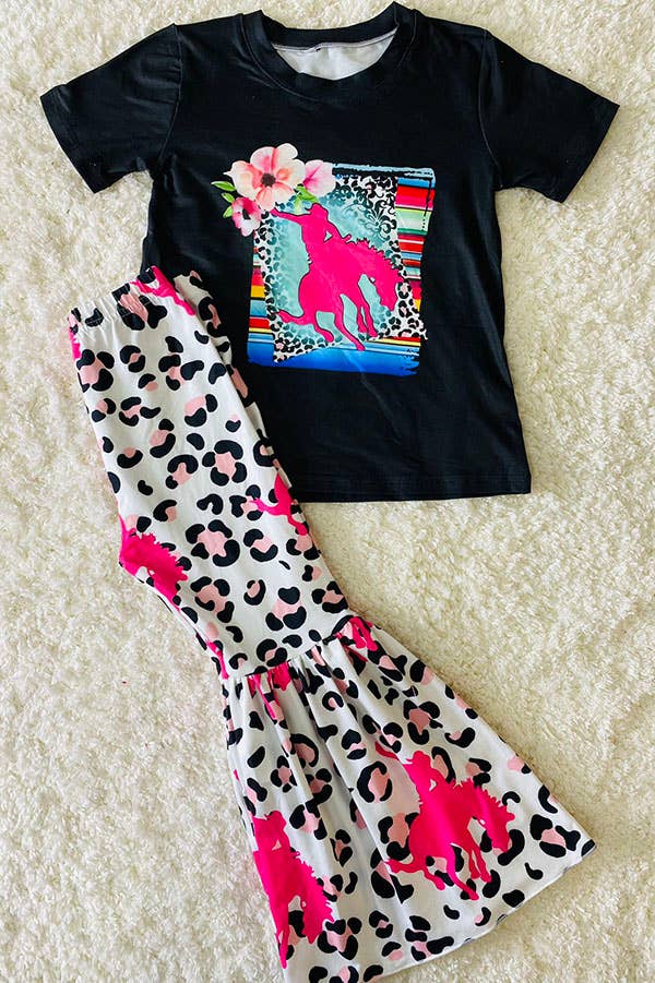 Riding horse black top leopard bell bottom girls set