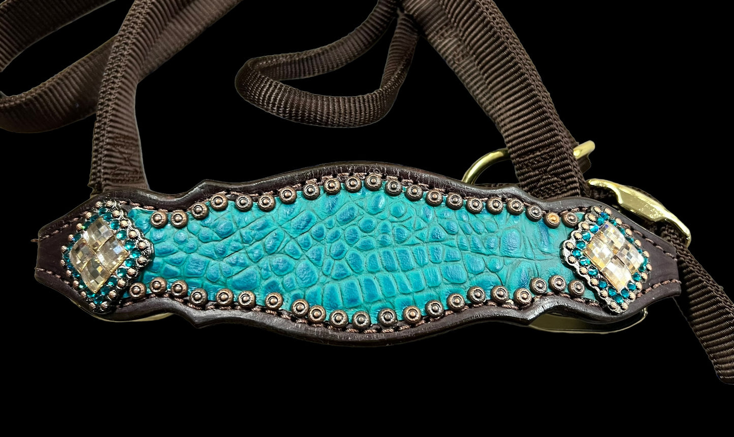 Teal gator on dark leather