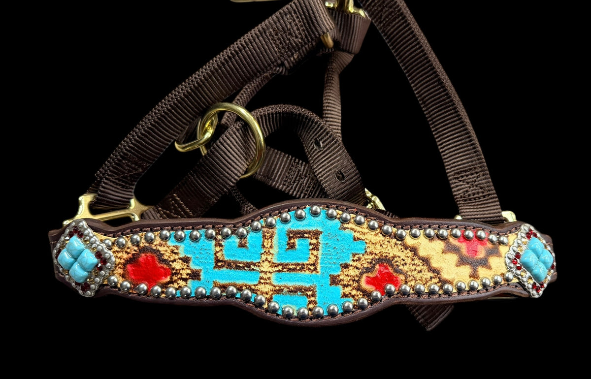 Tan, Red, and Turquoise Taos on dark leather
