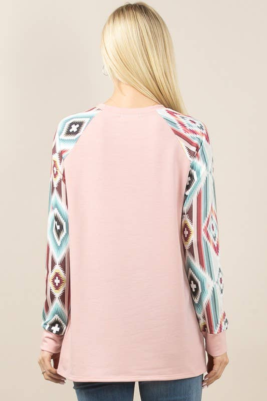 MARA AZTEC PRINT COLOR BLOCK RAGLAN TOP