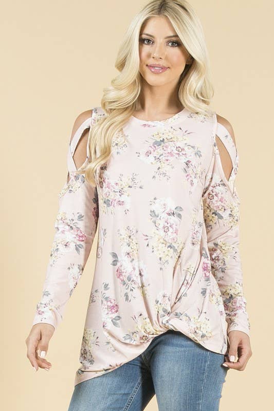 LILY floral print cold shoulder side twist knit top