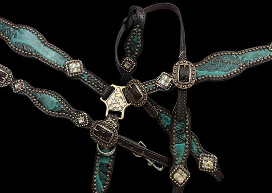 jade feathers on dark leather