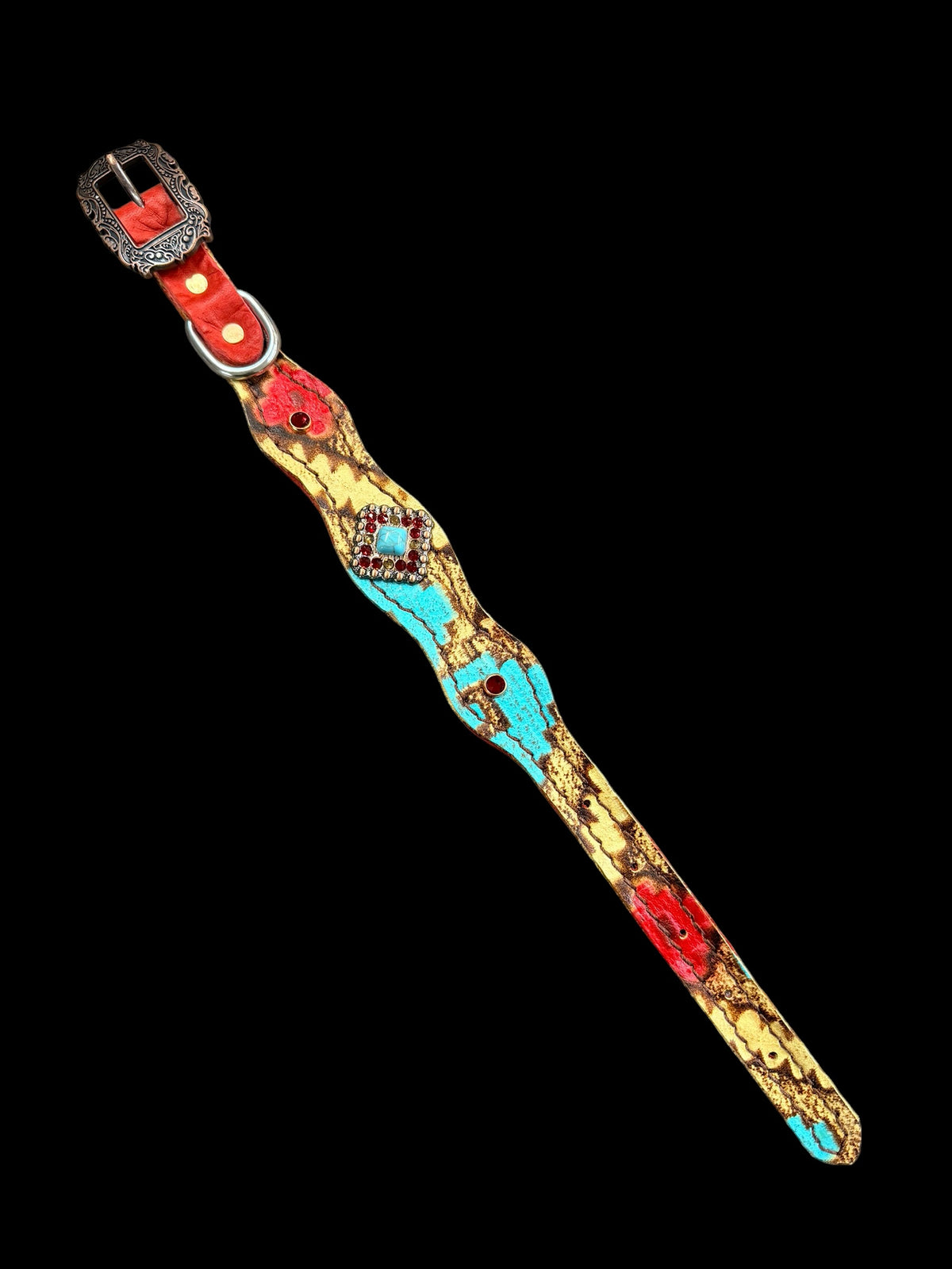 Tan, Red, and Turquoise Taos on dark leather