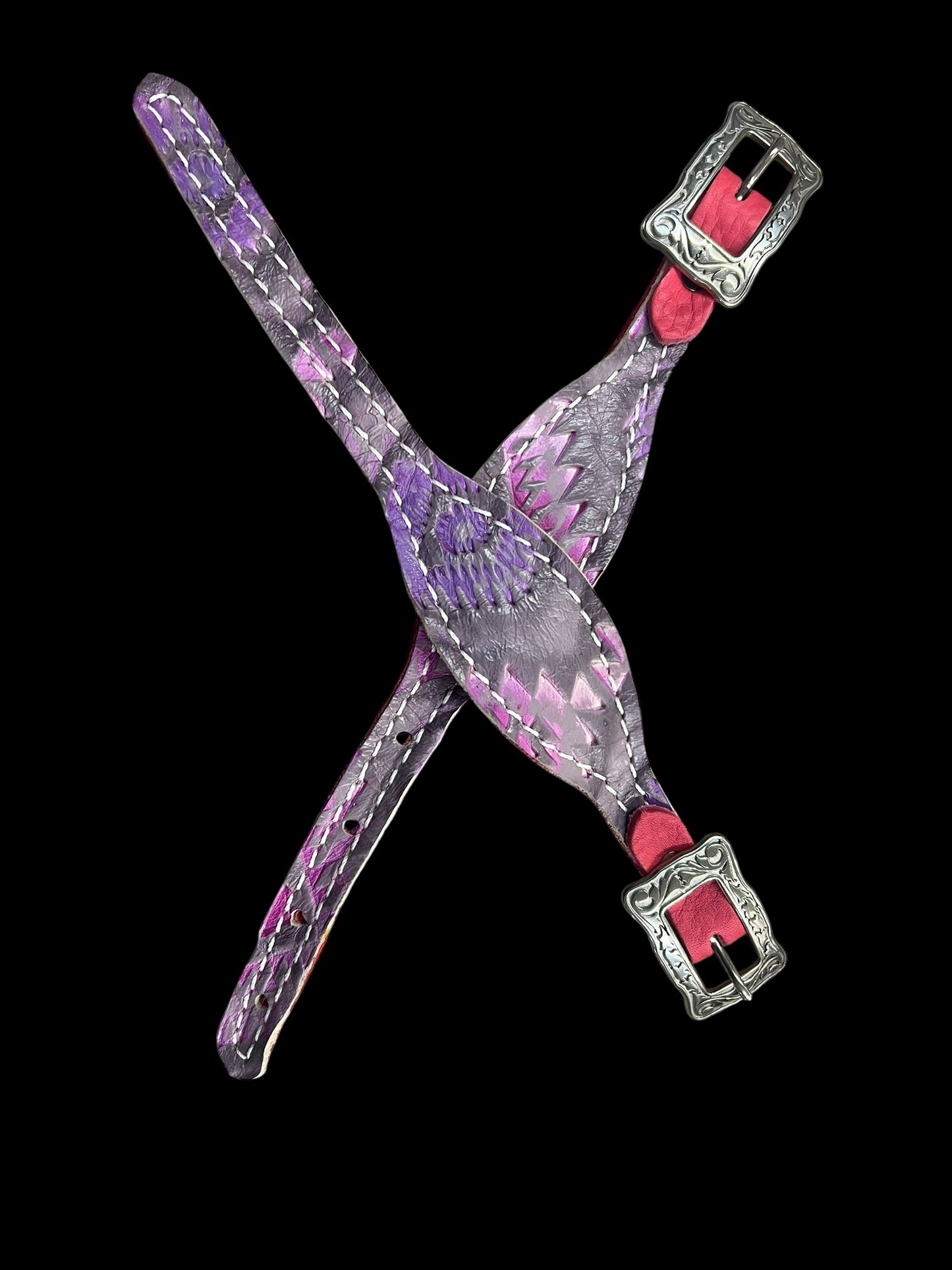 Light pink and purple Aztec on chocolate leather