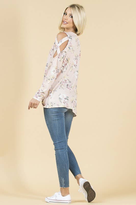 LILY floral print cold shoulder side twist knit top