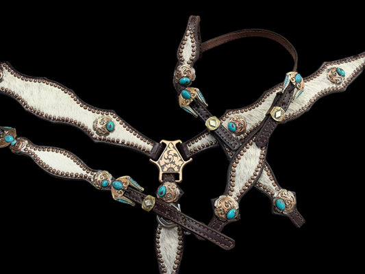 White and grey brindle  cowhide on dark leather