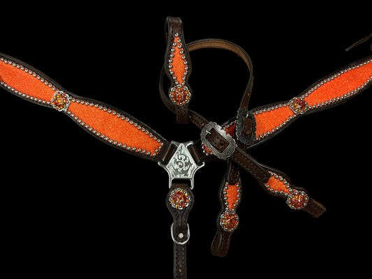 Large pony orange glitter on dark harness leather