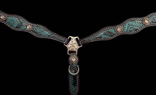 Teal and brown aztec on dark leather