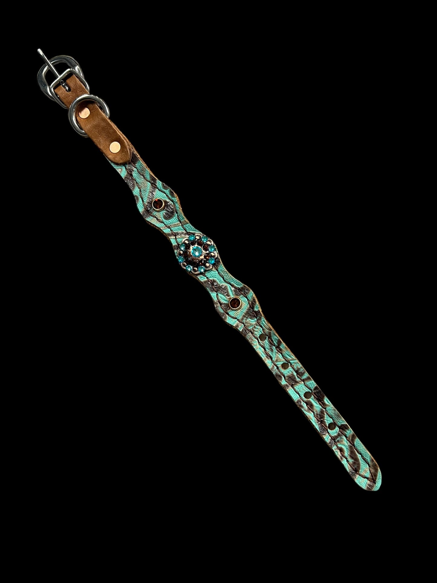 mint and brown floral on dark leather