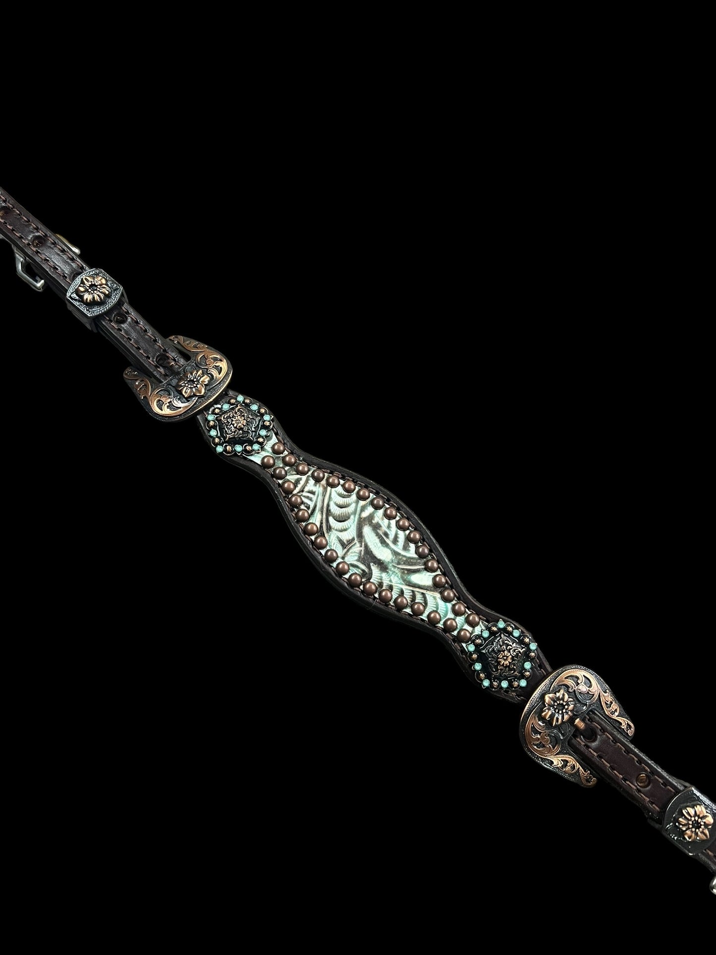 Brown and mint floral on dark leather