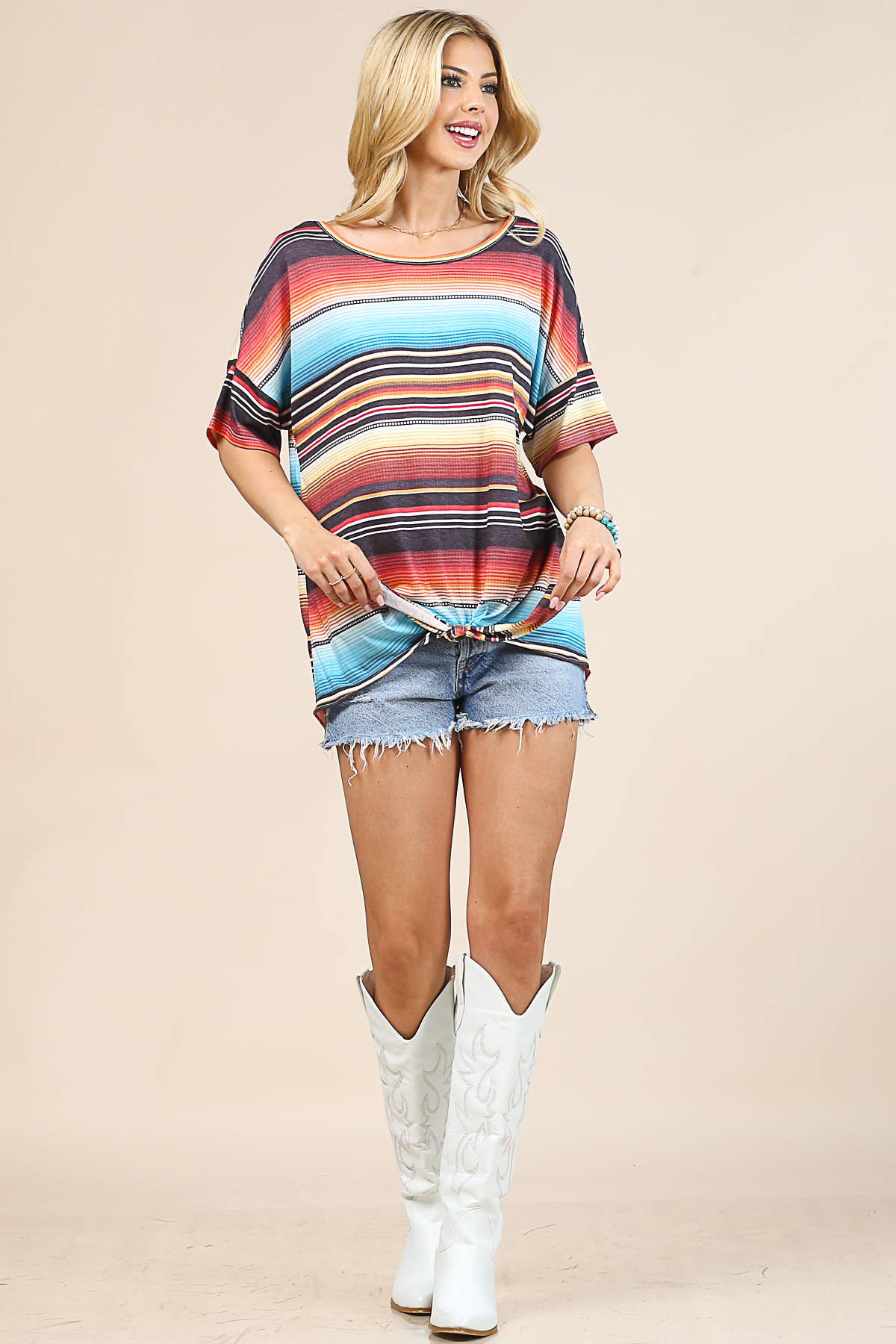 PHOEBE SERAPE PRINT FRONT TIE SHORT SLEEVE TUNIC